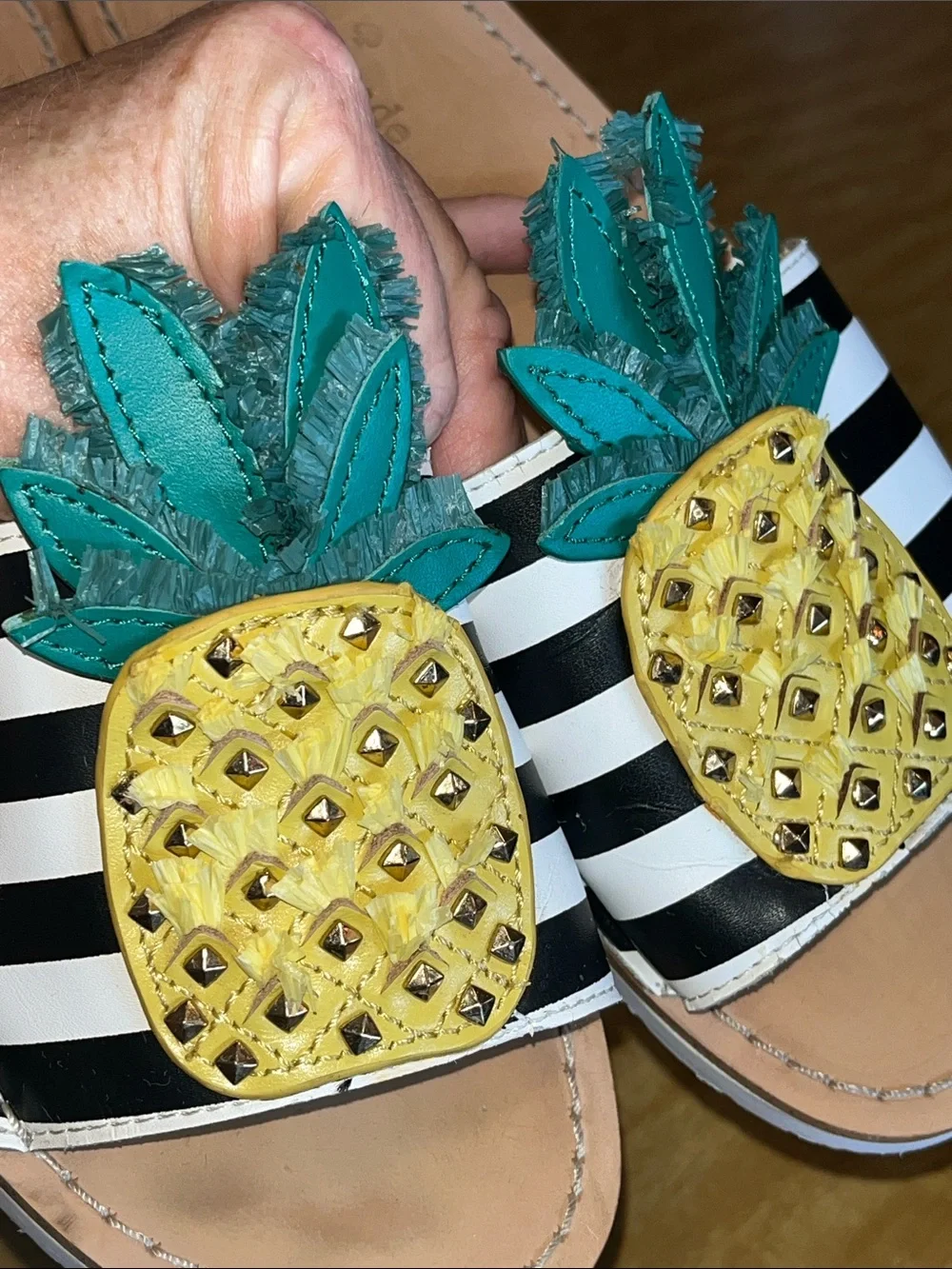 kate spade Black & White Stripe Pineapple Slide Sandals with Teal Leaves